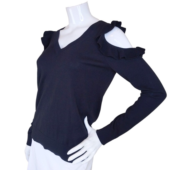 Michael Kors Black Off the Shoulder Ruffle V Neck Sweater - Picture 8 of 10